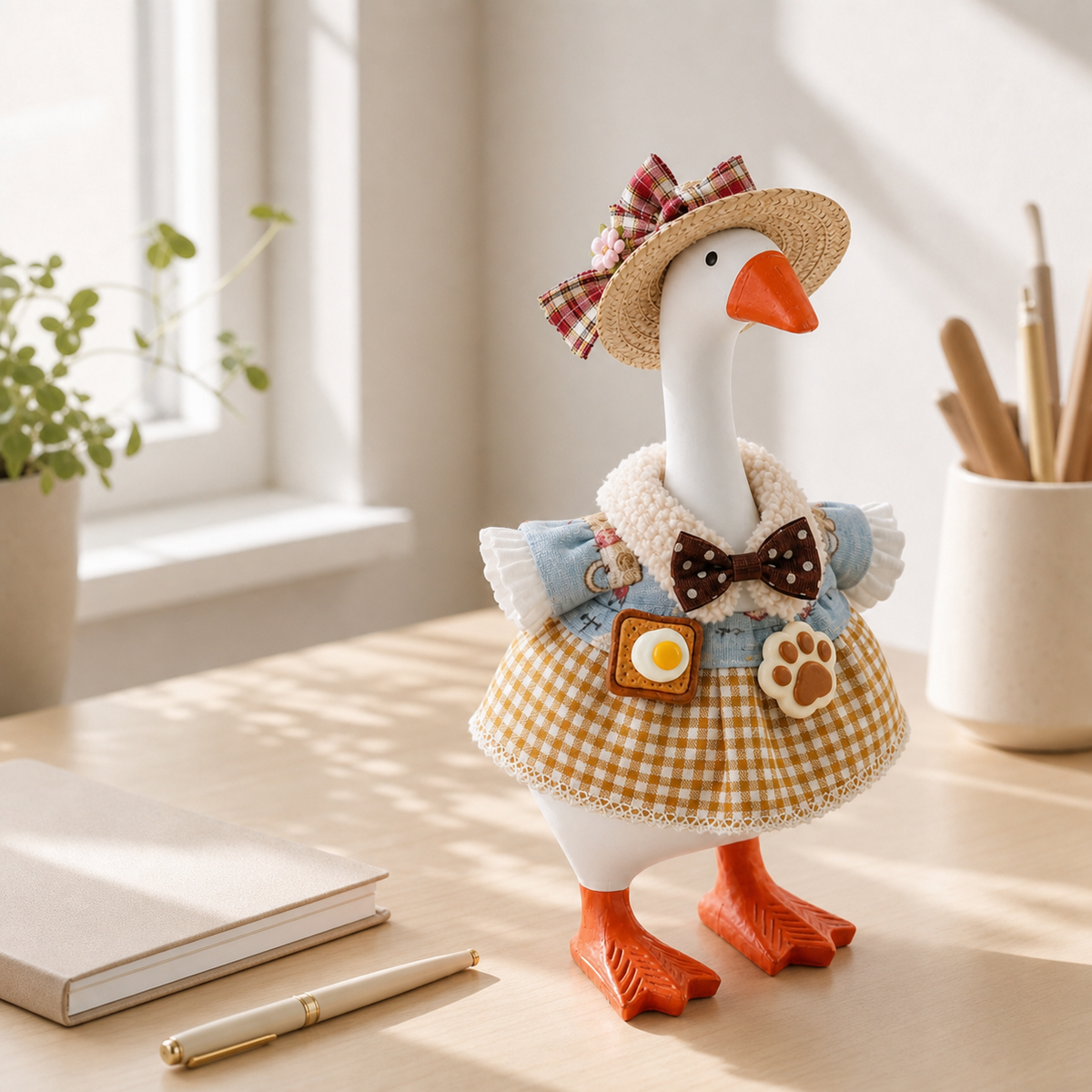 Side view of the Little Honk country breakfast outfit set on a 7-inch Desk Goose