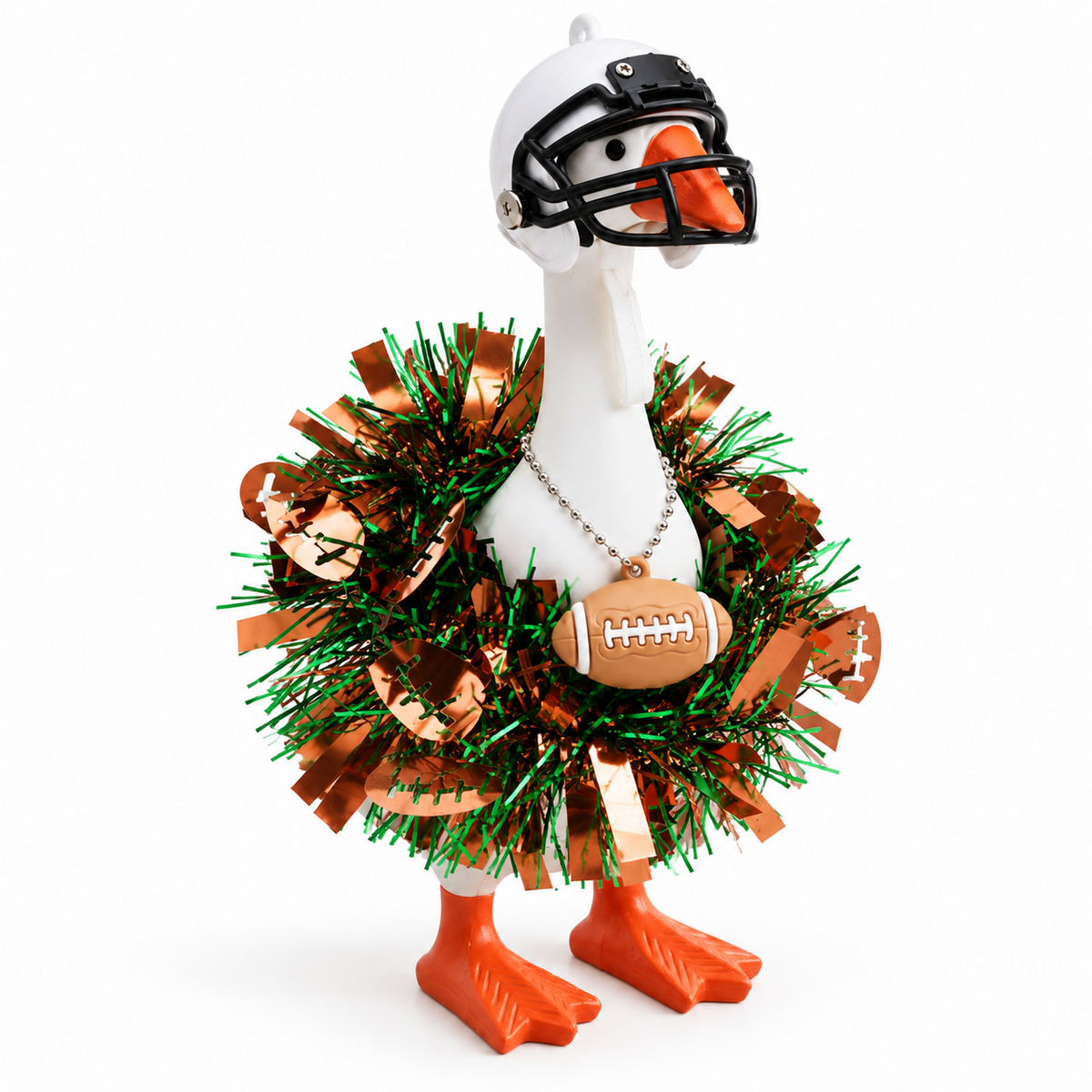 Football helmet, tinsel collar and football necklace outfit on a 7-inch Little Honk Desk Goose