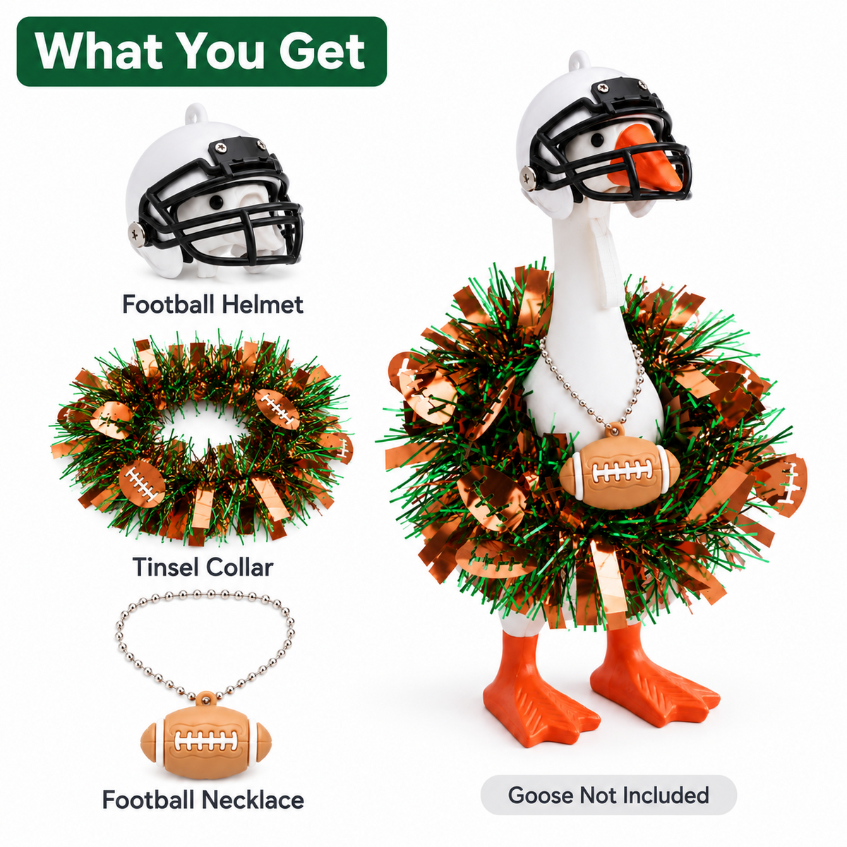 Football helmet, green and brown tinsel collar and football necklace included in the Desk Goose outfit