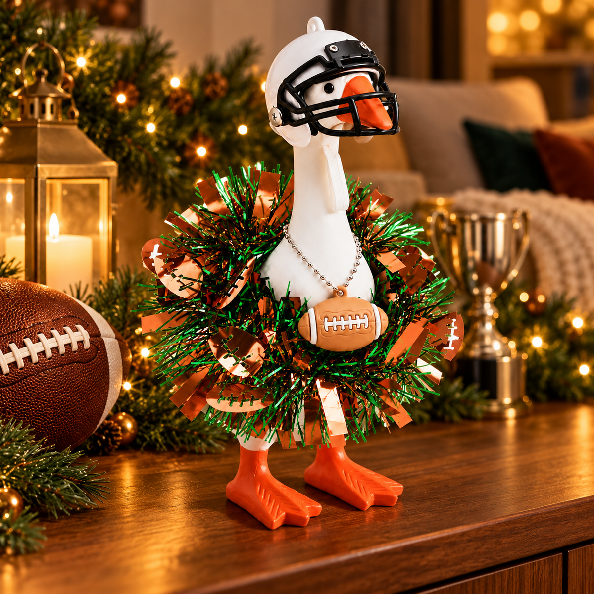 Little Honk Desk Goose dressed for game day in a football helmet, tinsel collar and necklace