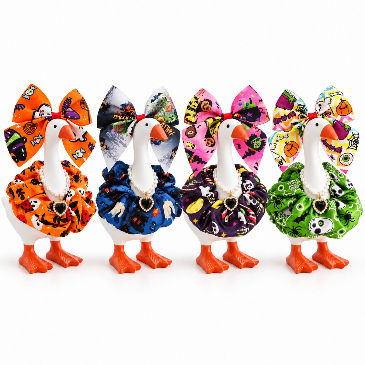Four Halloween bow and ruffled collar outfit styles for a 7-inch Little Honk Desk Goose