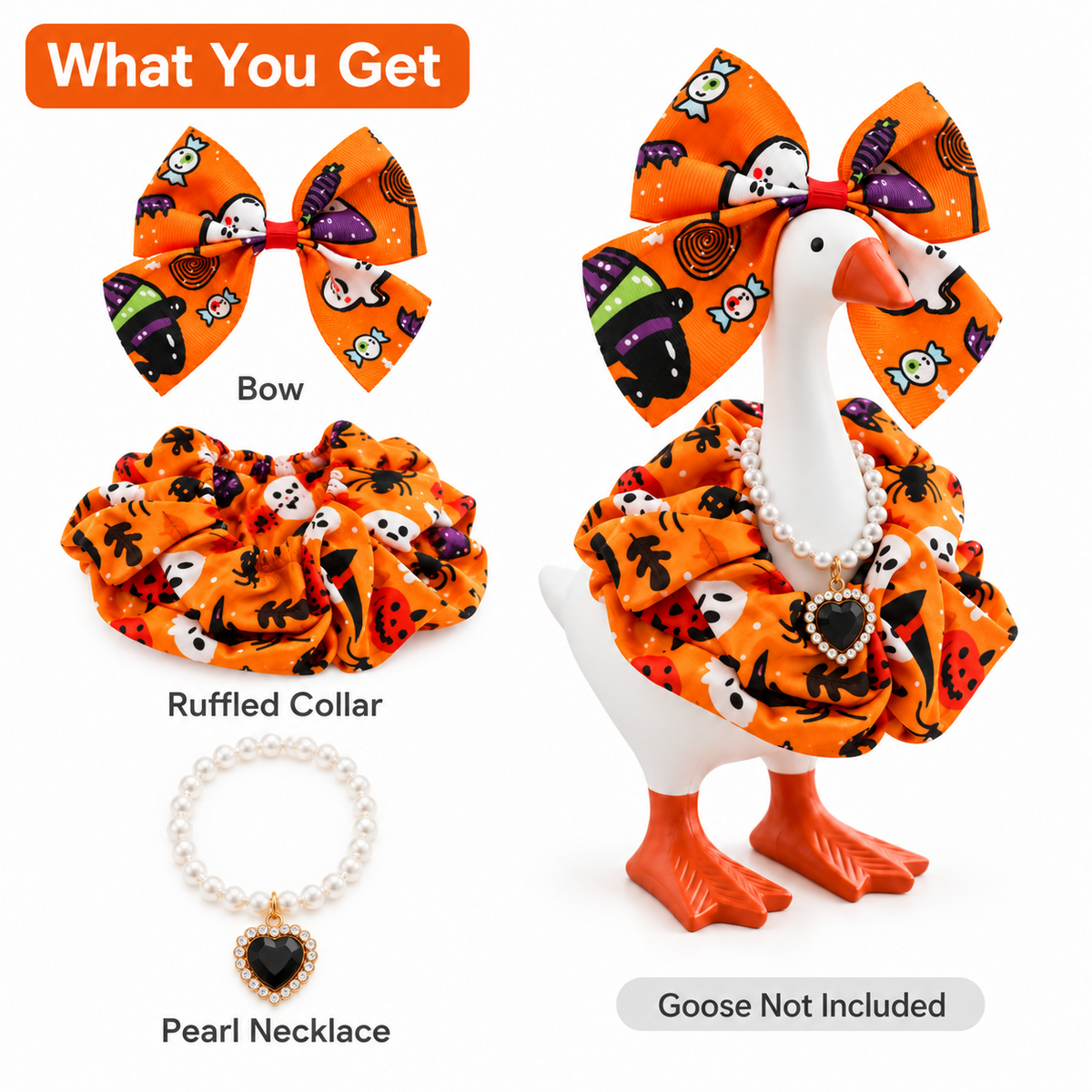 Halloween bow, ruffled collar and black heart pearl necklace included in the Little Honk Desk Goose outfit