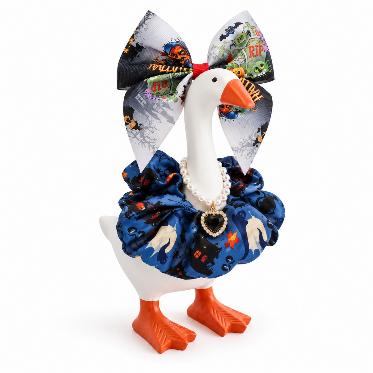Midnight blue Halloween bow and ruffled collar outfit on a 7-inch Little Honk Desk Goose
