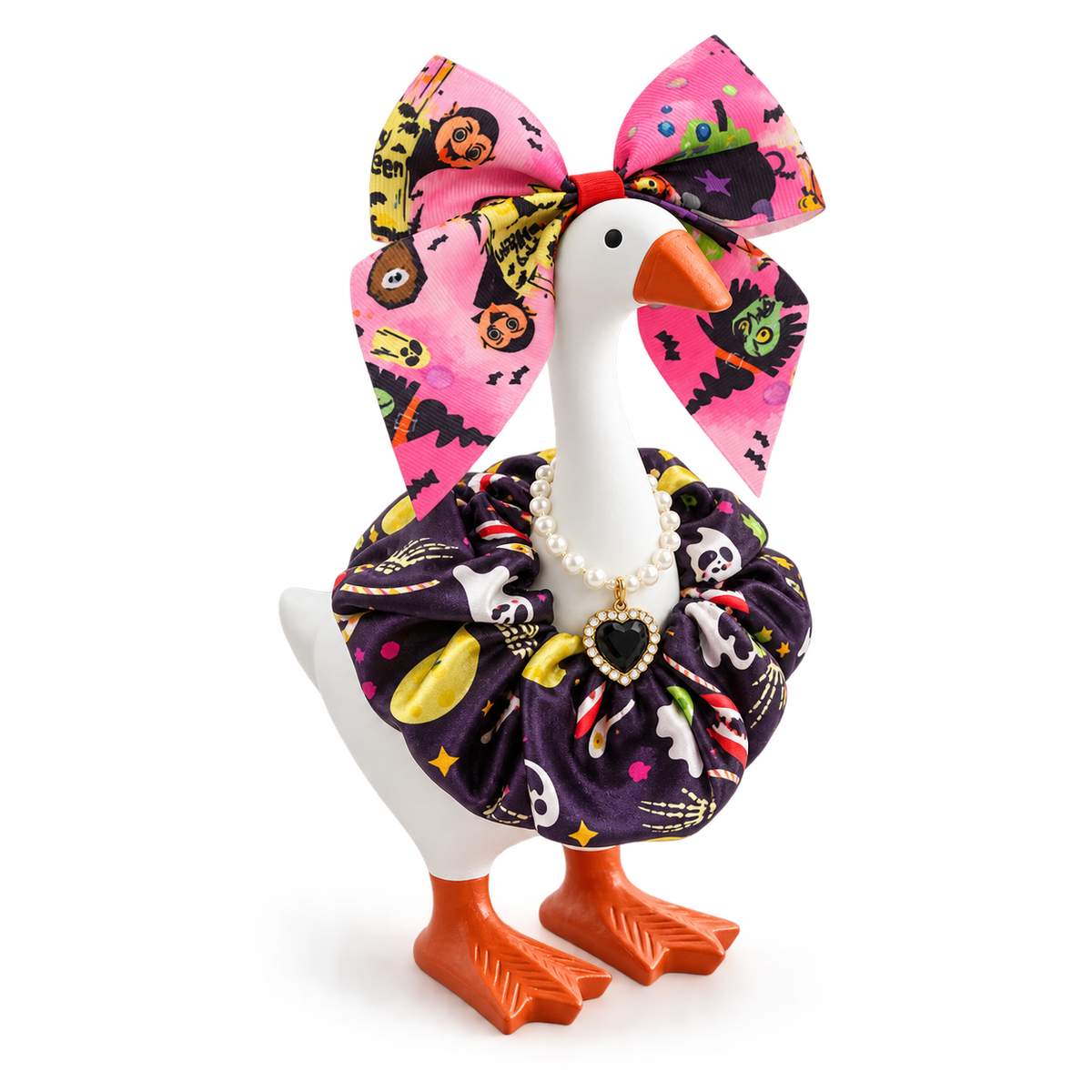 Spooky pink and purple Halloween bow and ruffled collar outfit on a 7-inch Little Honk Desk Goose