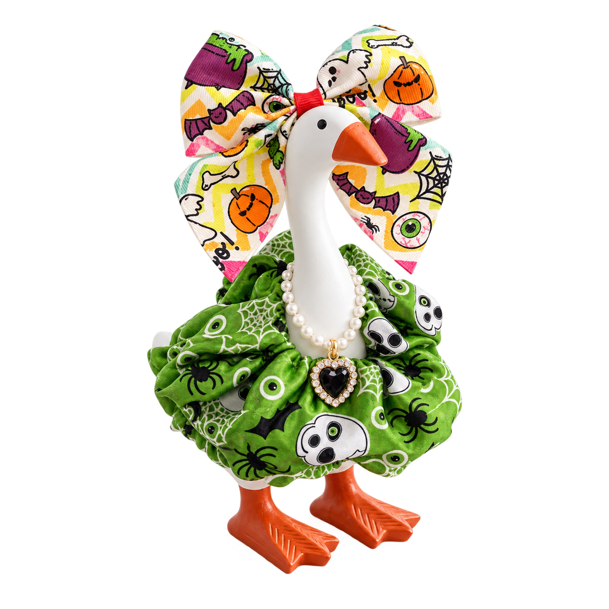 Monster green Halloween bow and ruffled collar outfit on a 7-inch Little Honk Desk Goose
