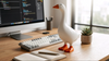Little Honk desk goose beside a computer and keyboard in a bright home office