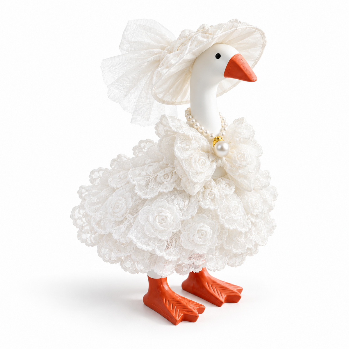 Ivory rose lace outfit set on a 7-inch Little Honk Desk Goose