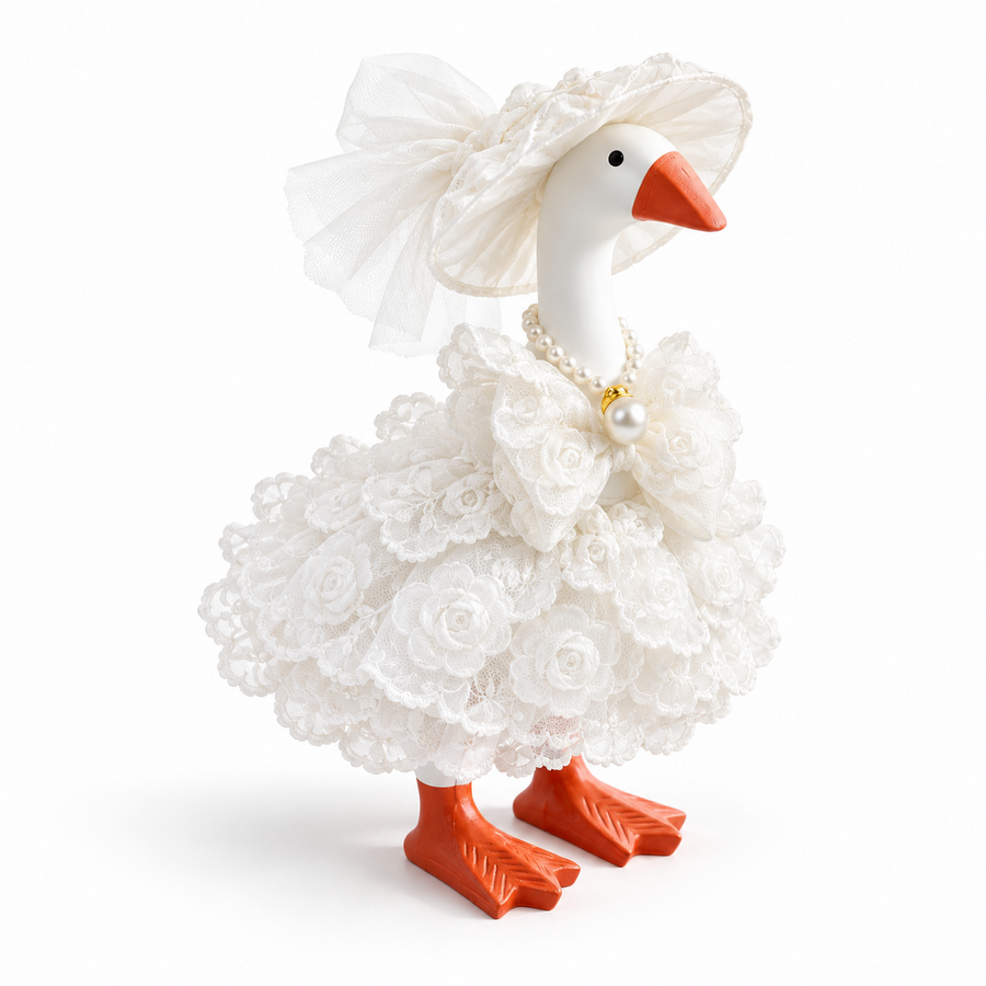 Ivory rose lace outfit set on a 7-inch Little Honk Desk Goose