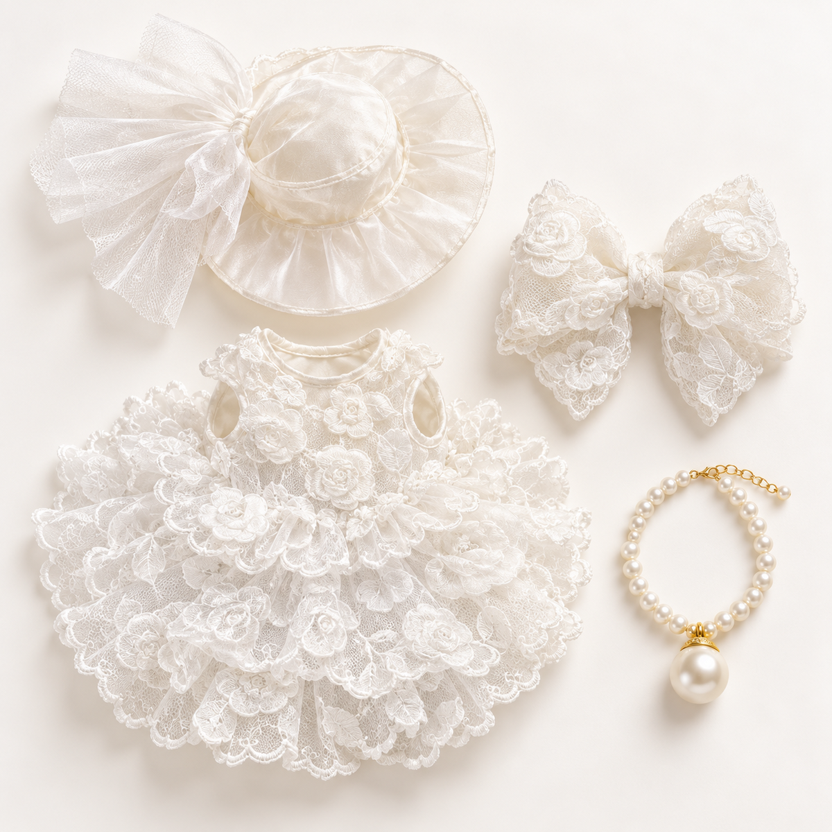 Ivory lace dress, wide-brim hat, lace bow and pearl necklace included in the Desk Goose outfit set
