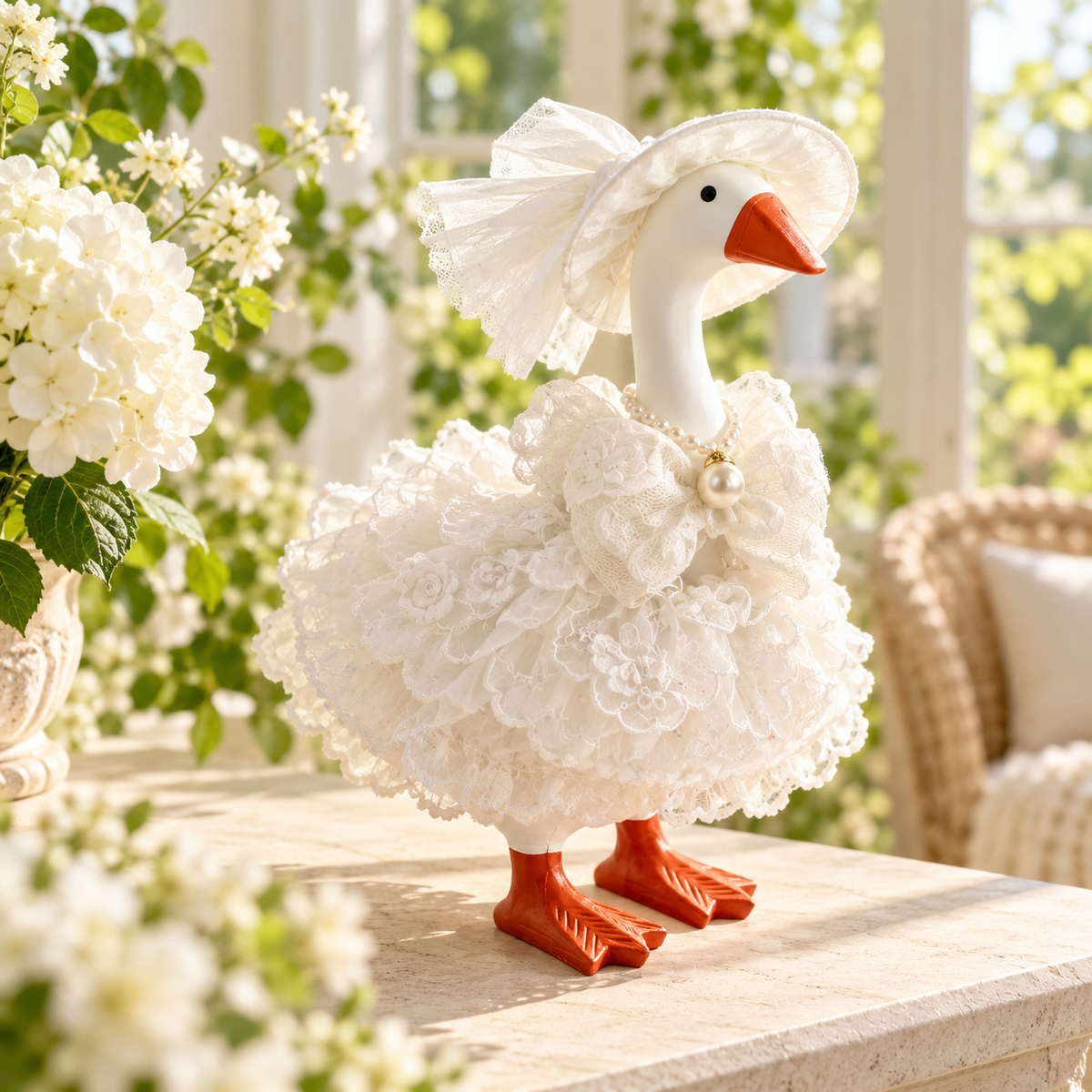 Little Honk Desk Goose wearing an ivory rose lace outfit in a bright floral room