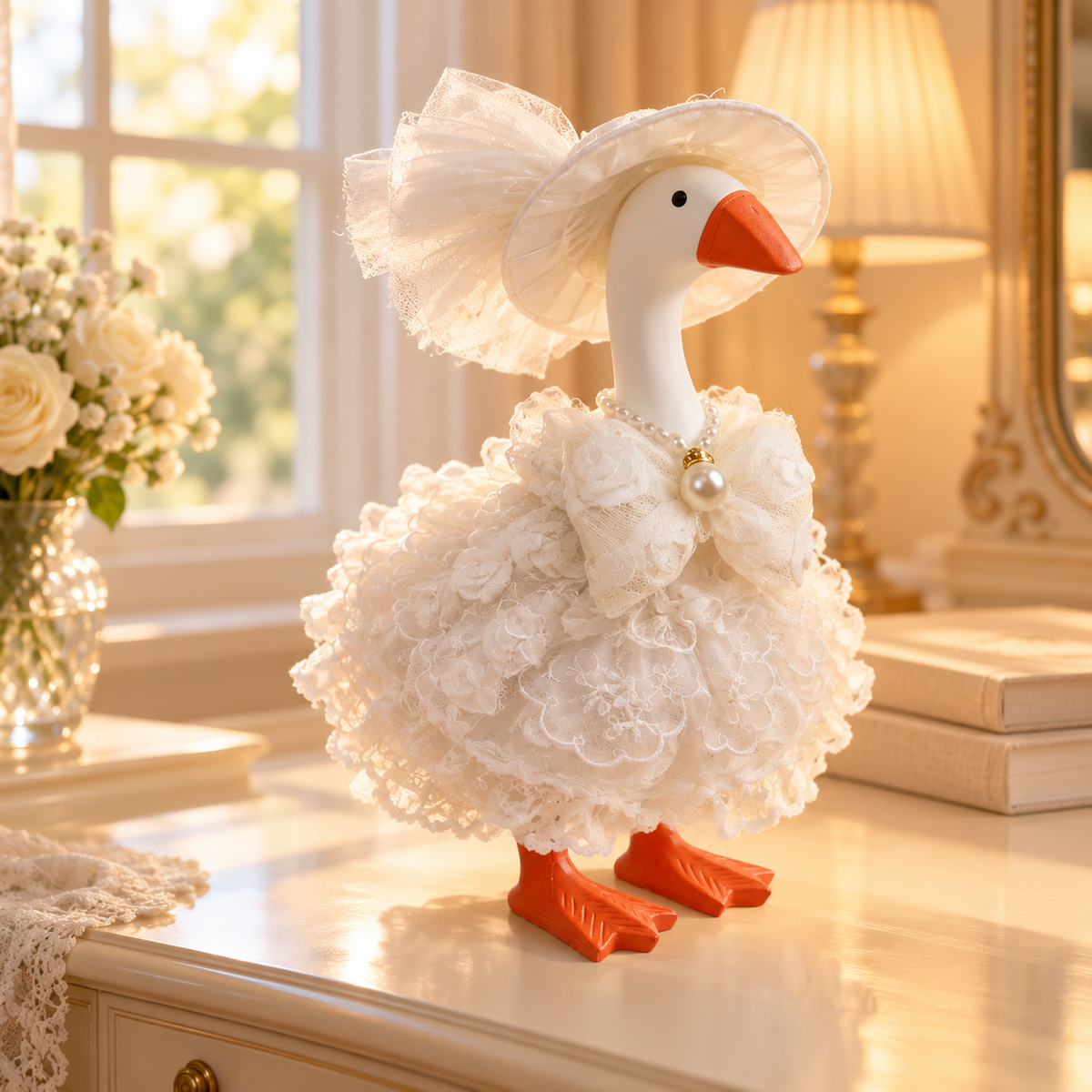 Little Honk Desk Goose wearing an ivory rose lace outfit in a warm vanity setting