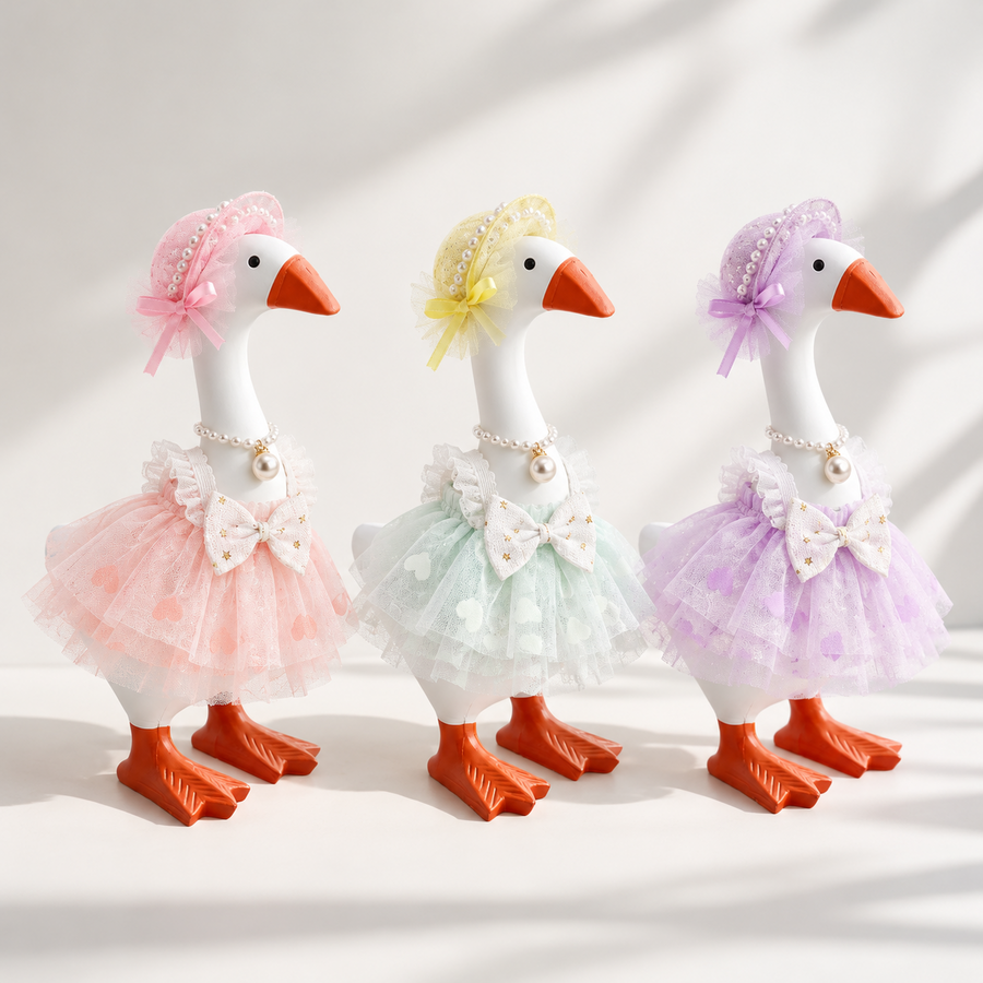 Pink, mint green and lavender lace princess outfit color options for a 7-inch Little Honk Desk Goose