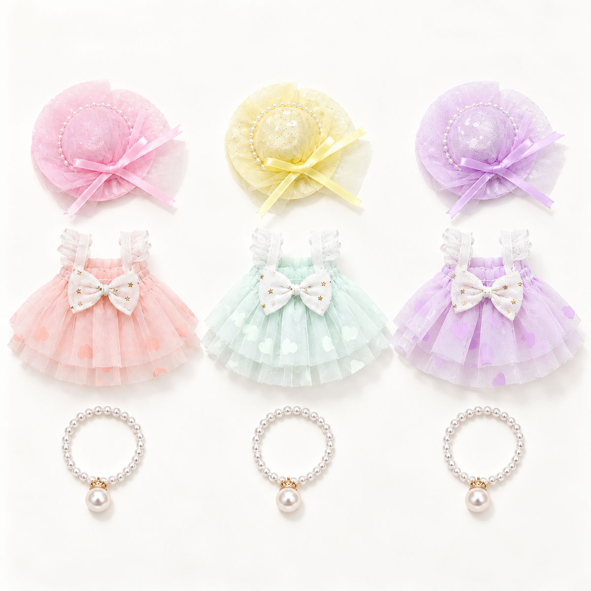 Included lace dress, matching bonnet and pearl necklace accessories in three colors