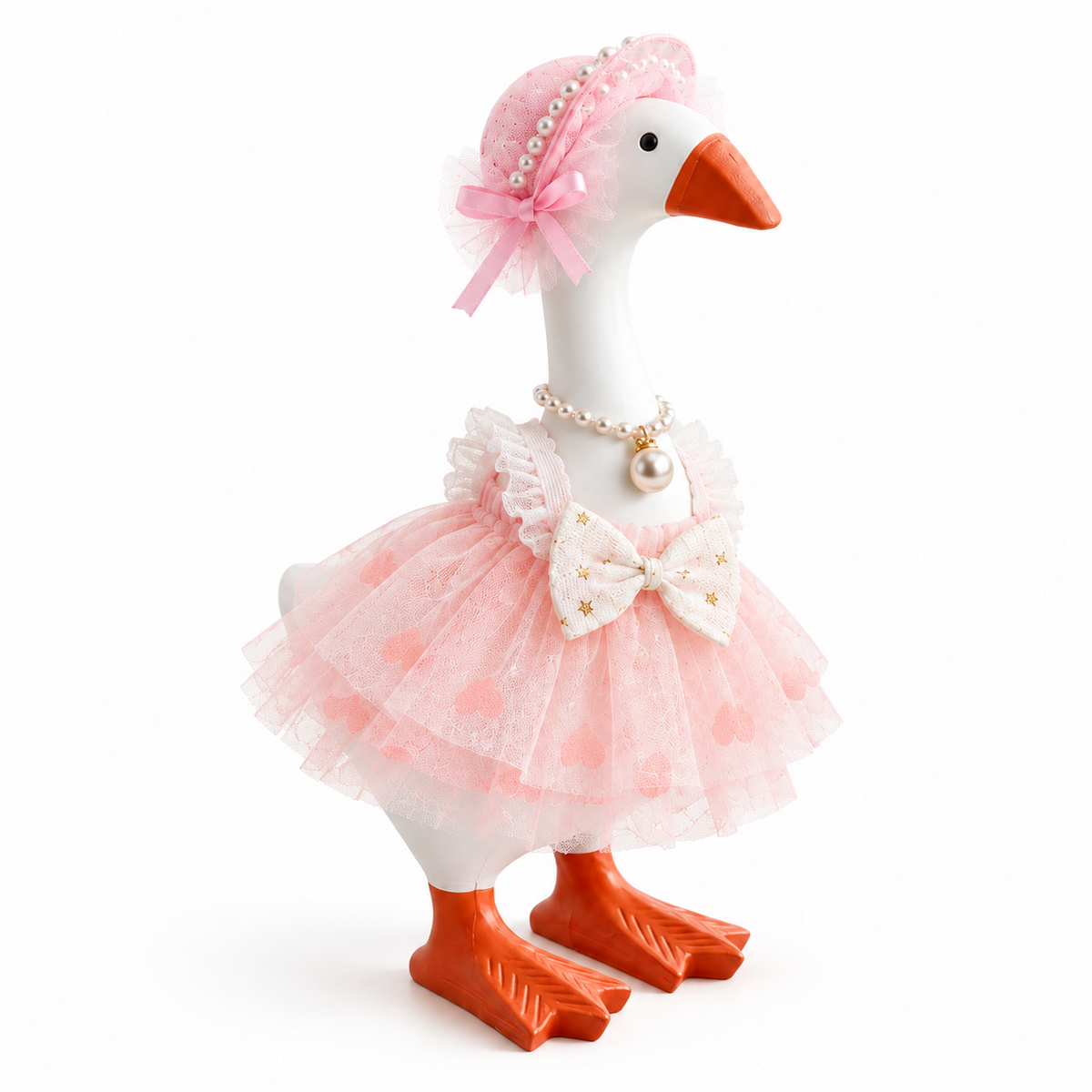 Pink lace princess outfit set on a 7-inch Little Honk Desk Goose