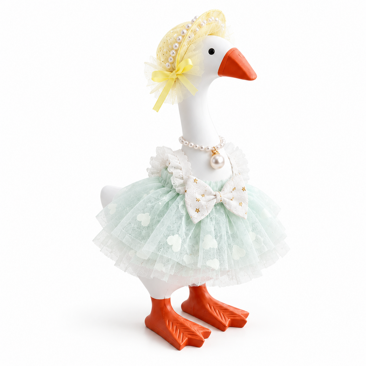 Mint green lace princess outfit set on a 7-inch Little Honk Desk Goose