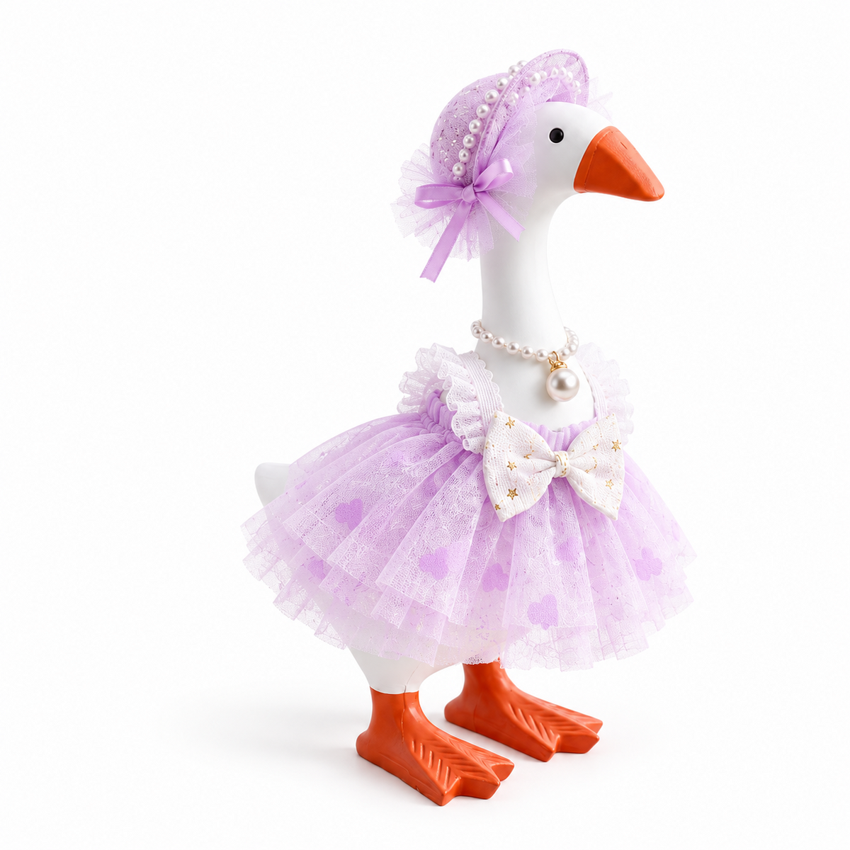 Lavender lace princess outfit set on a 7-inch Little Honk Desk Goose