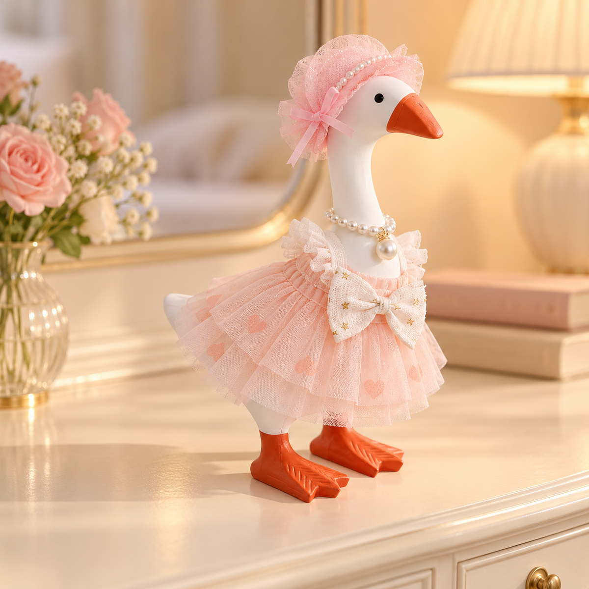 Pink lace princess Desk Goose outfit displayed in a warm vanity setting
