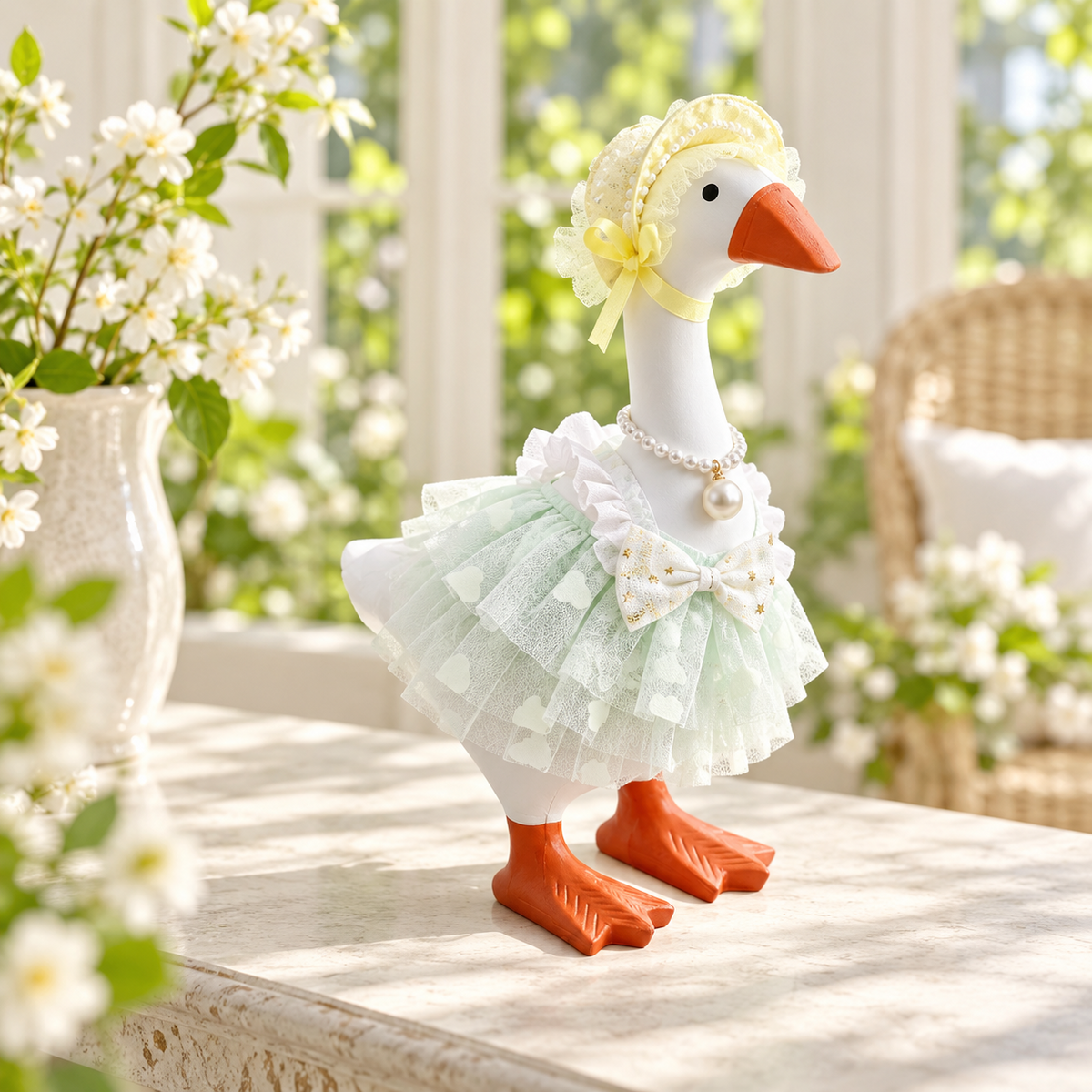 Mint green lace princess Desk Goose outfit displayed in a bright floral room