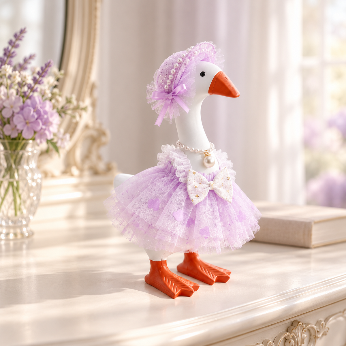 Lavender lace princess Desk Goose outfit displayed in a soft floral room