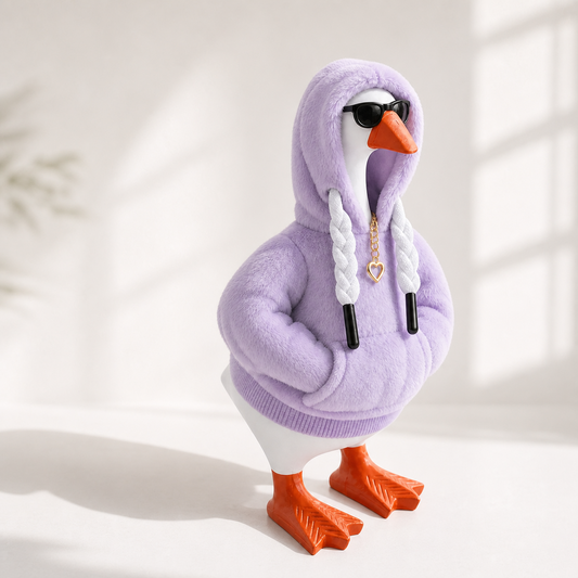Little Honk lavender faux-fur hoodie outfit set on a 7-inch desk goose
