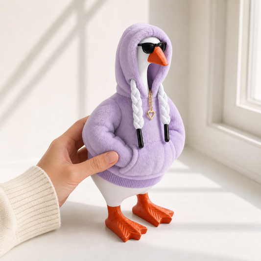 Lavender faux-fur hoodie with black glasses and gold heart charm for Little Honk desk goose
