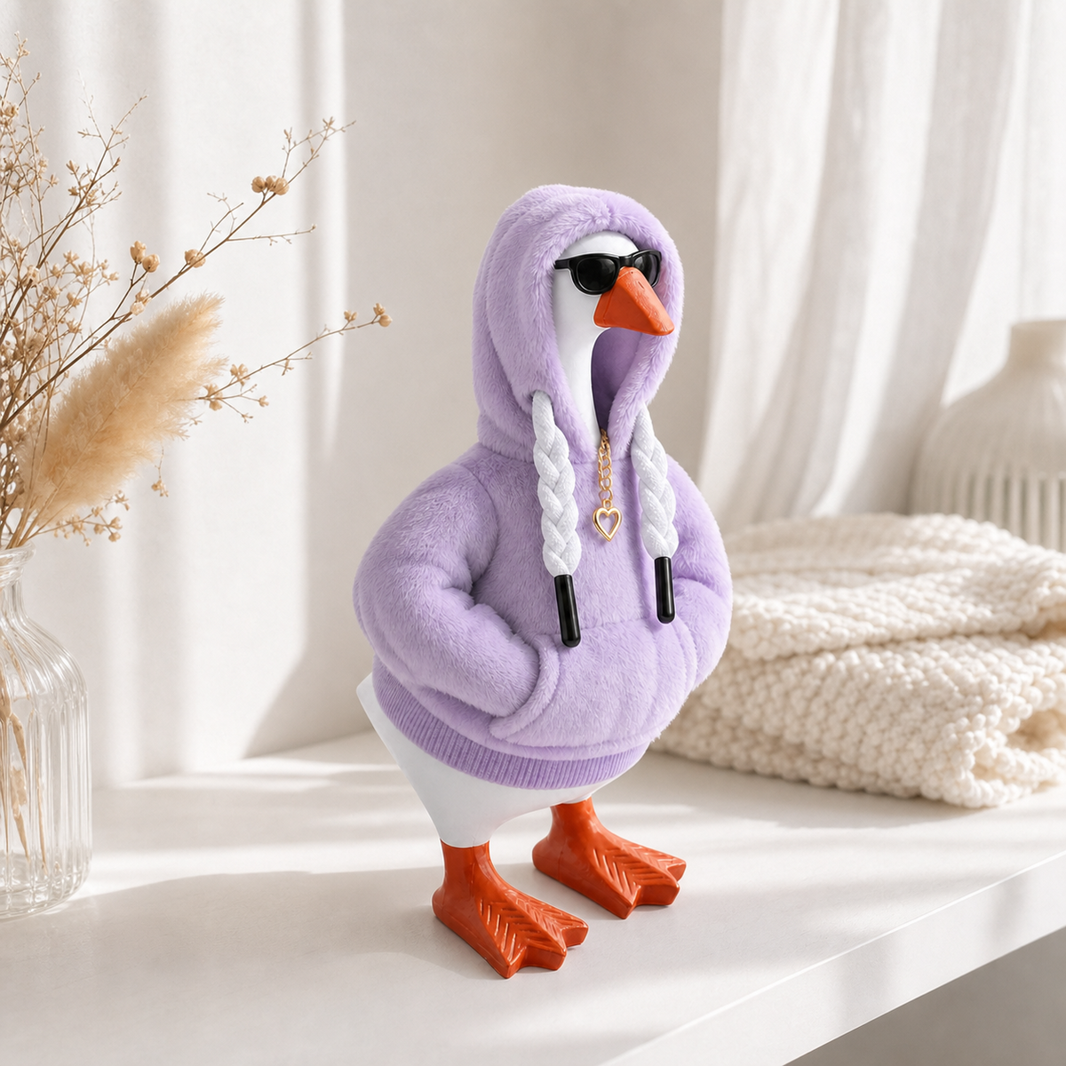 Side view of lavender hooded outfit for a 7-inch Little Honk desk goose