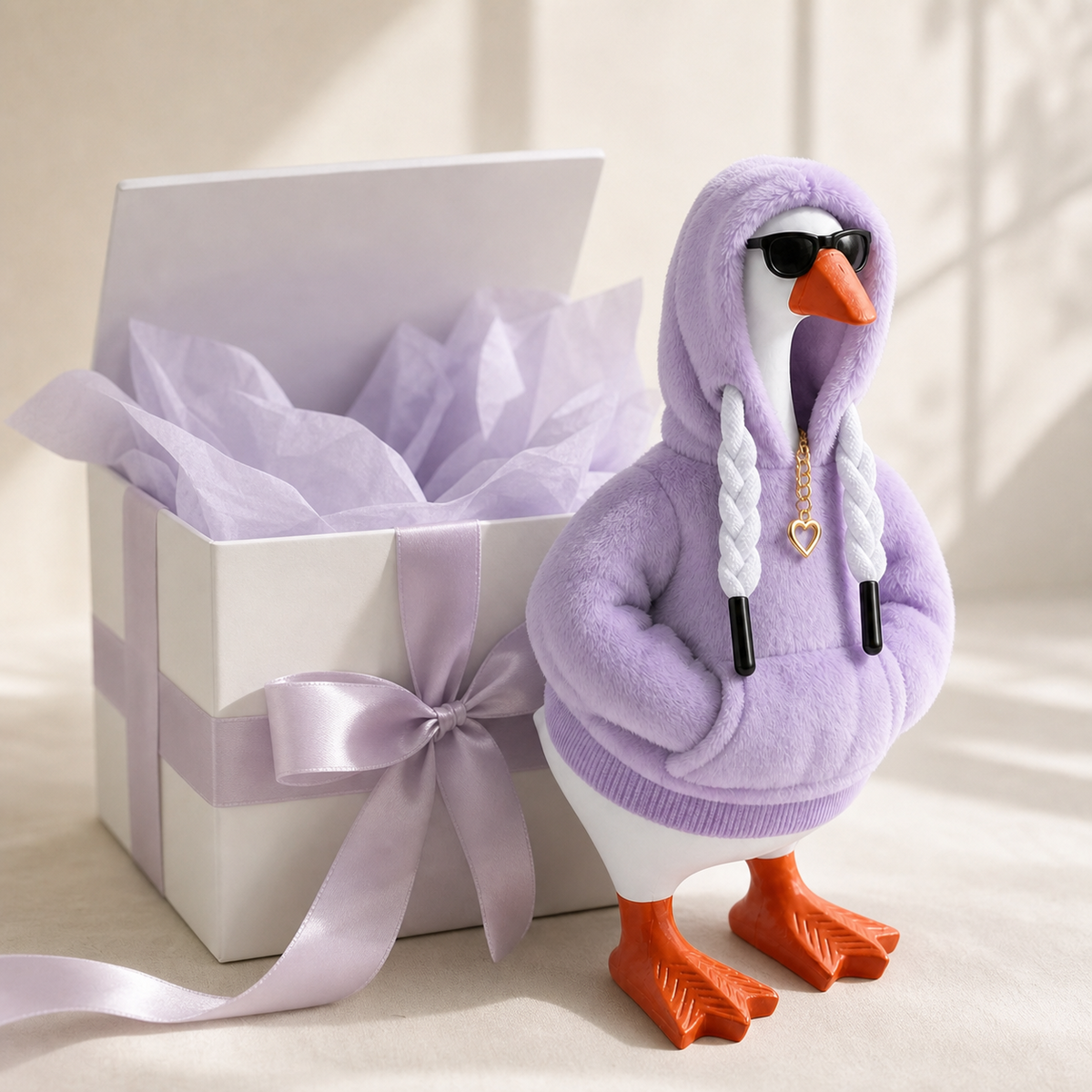 Back view of lavender faux-fur hoodie for Little Honk desk goose