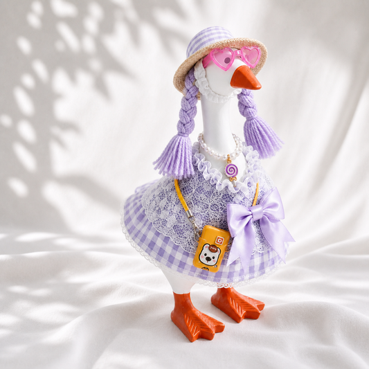Little Honk 7-inch desk goose wearing the complete lavender picnic outfit set