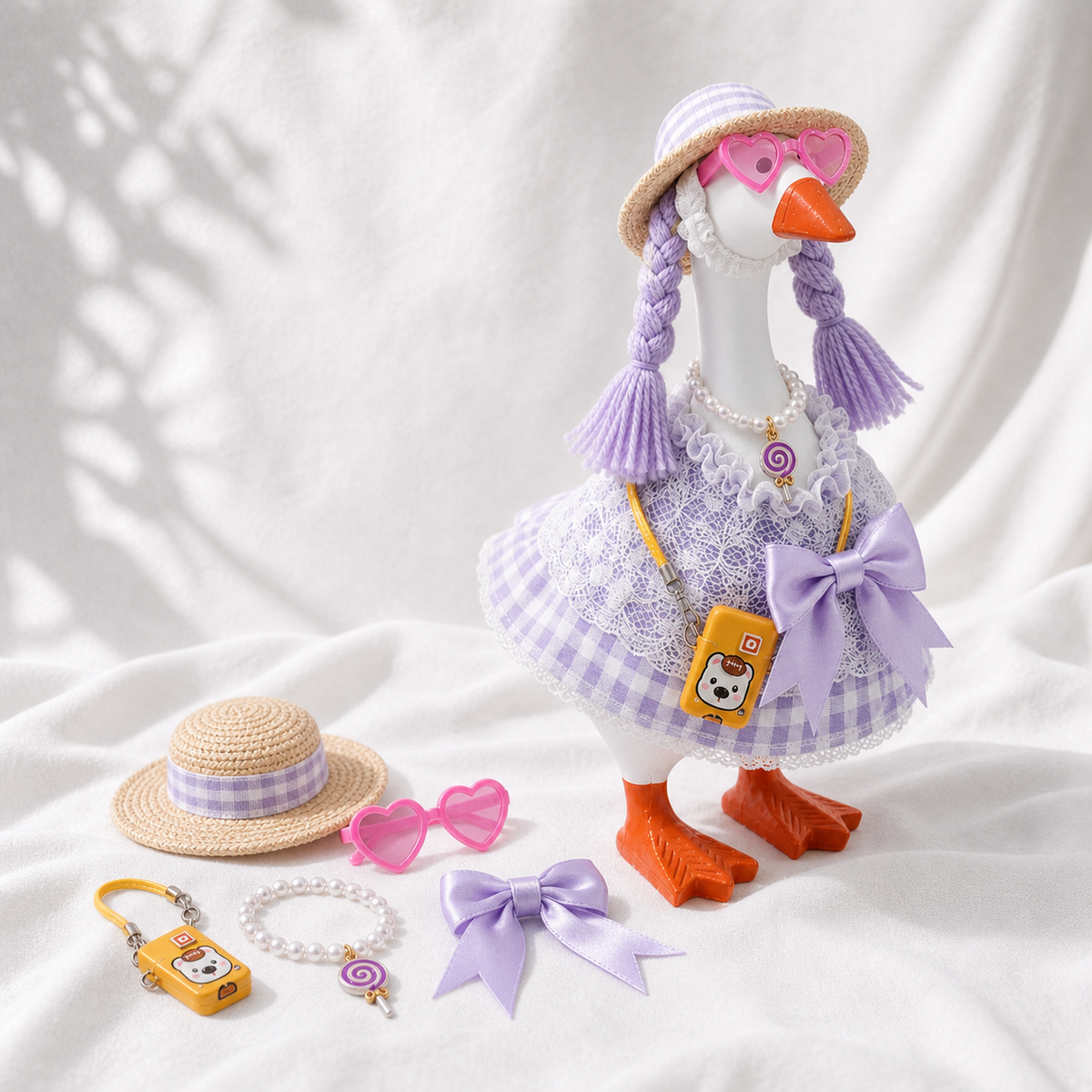 Little Honk lavender gingham lace dress and accessories