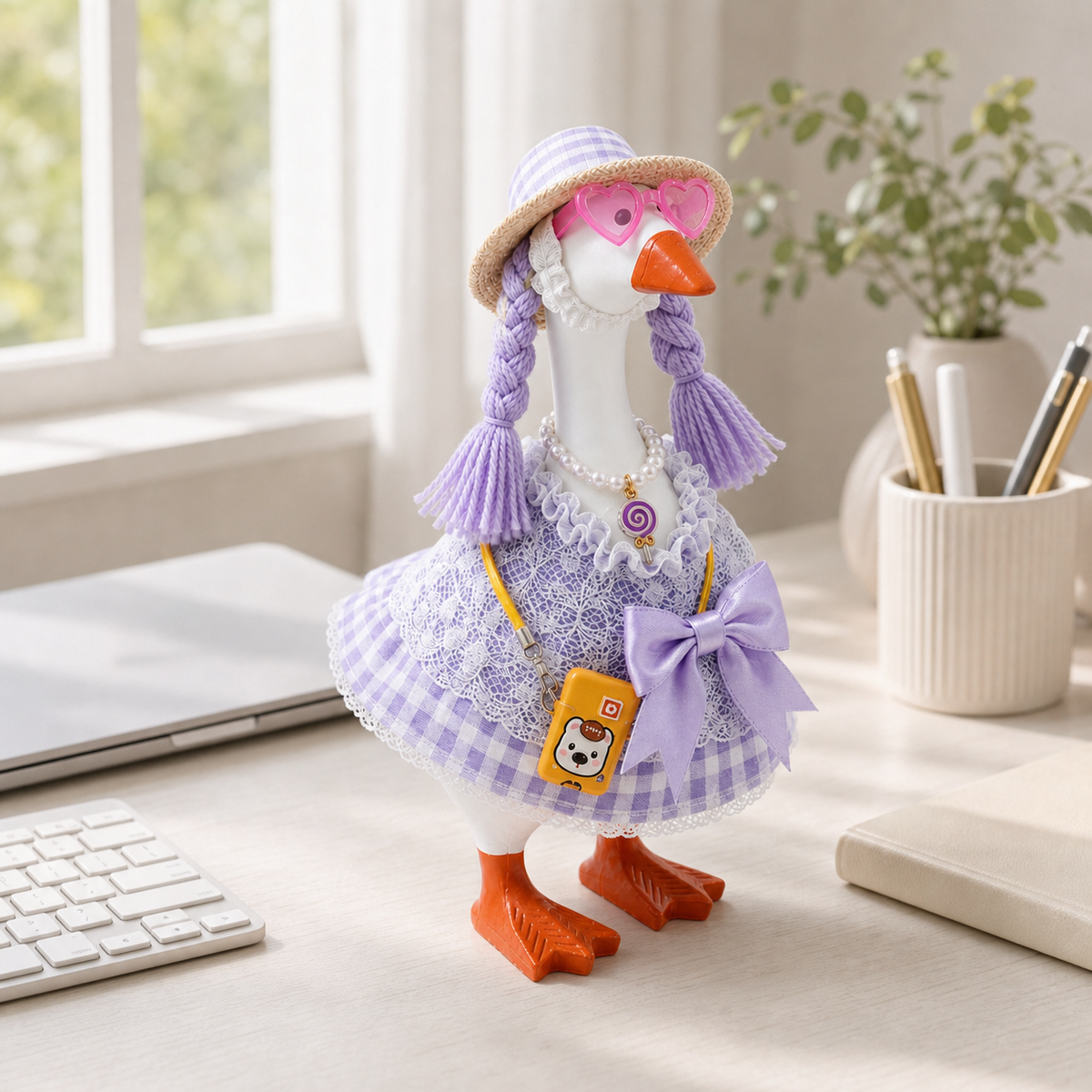 Little Honk straw hat and lavender braided hair accessory