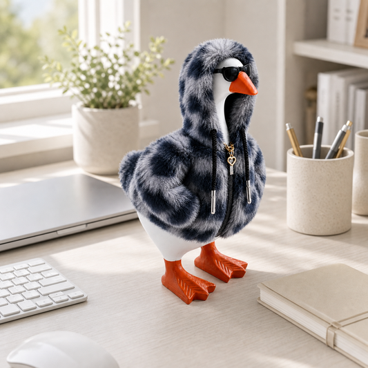 Little Honk 7-inch desk goose wearing the Midnight faux-fur hoodie outfit set