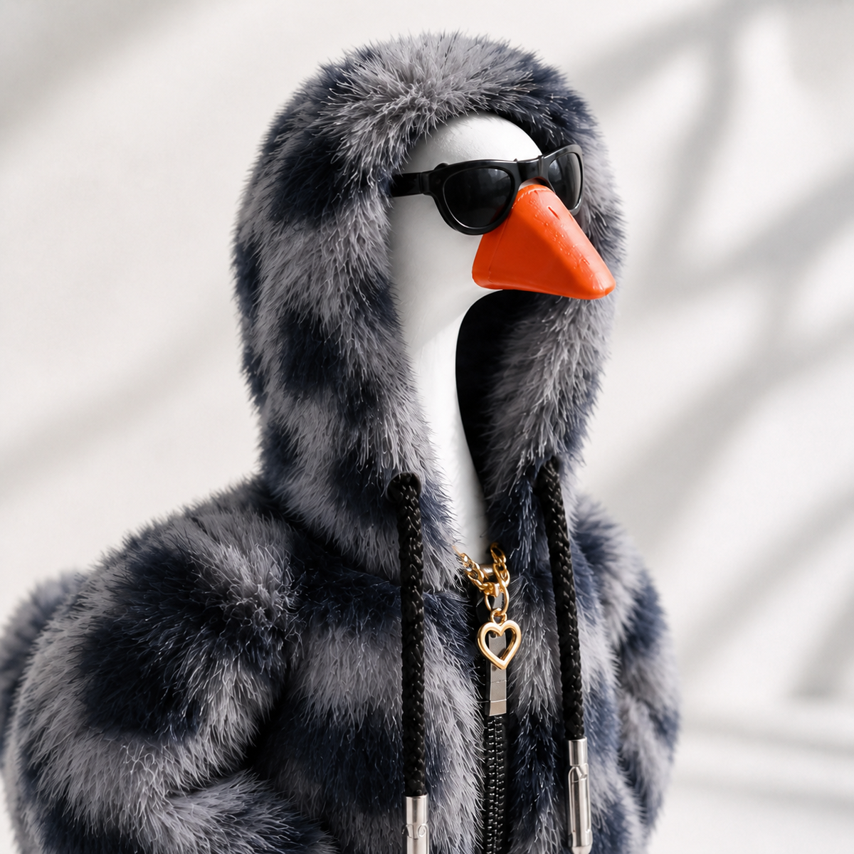 Side view of Little Honk Midnight faux-fur hoodie outfit with black glasses