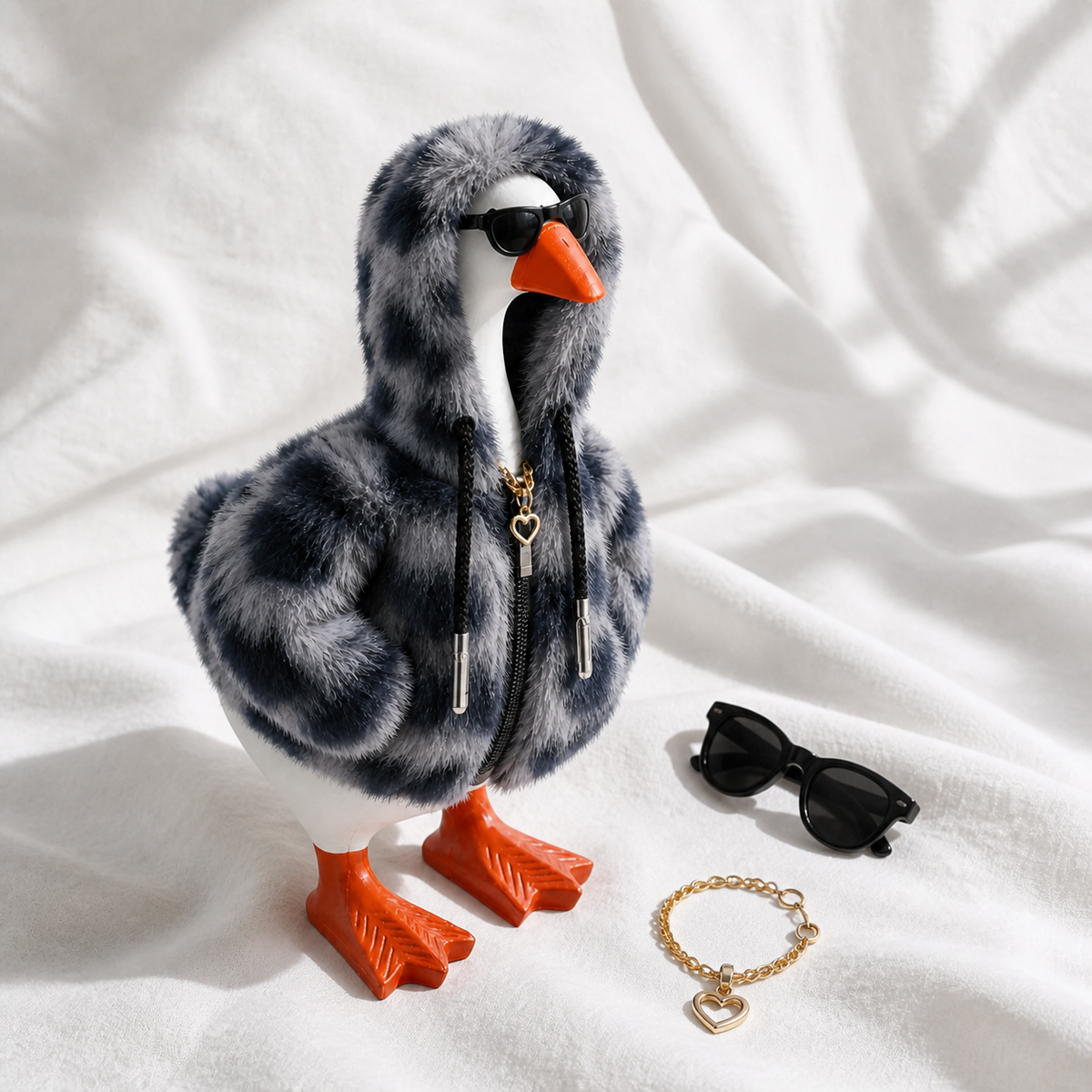 Little Honk Midnight outfit set with plush hood, black glasses and gold heart accessory