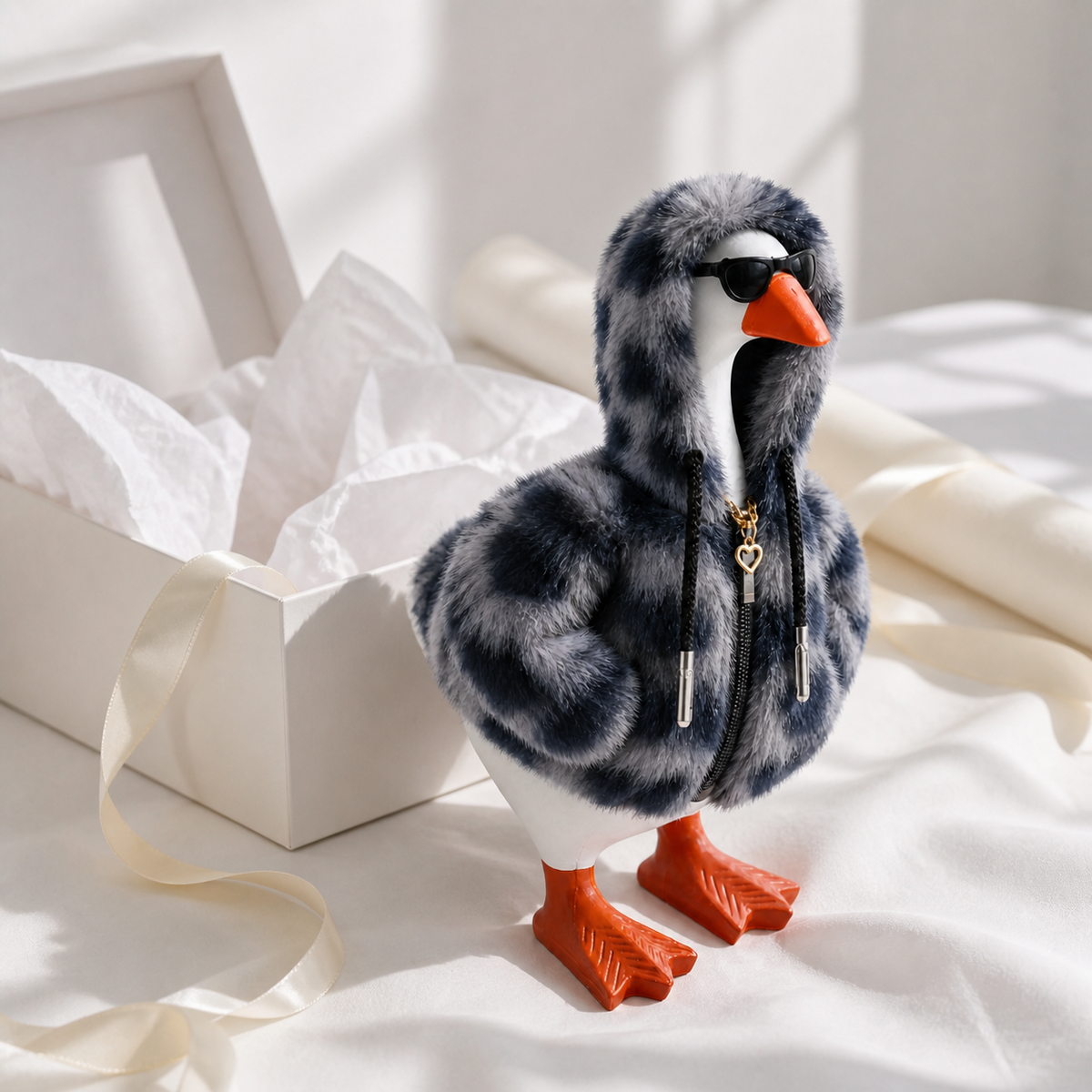 Front detail of the plush faux-fur hoodie on a 7-inch Little Honk desk goose