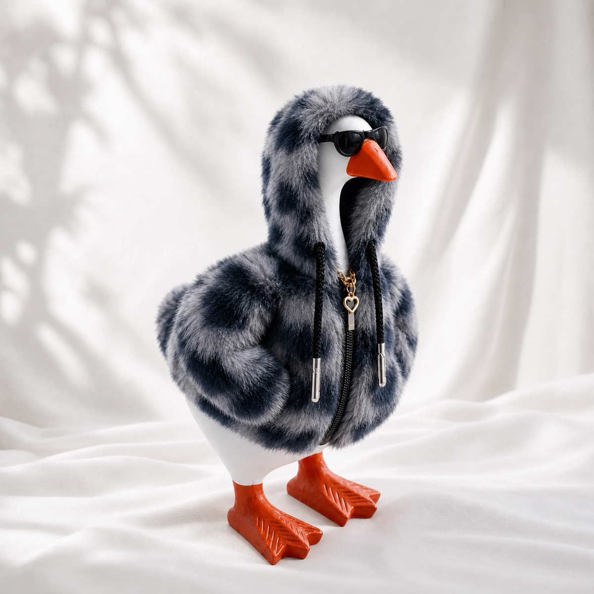 Rear view of the Little Honk Midnight faux-fur hoodie outfit