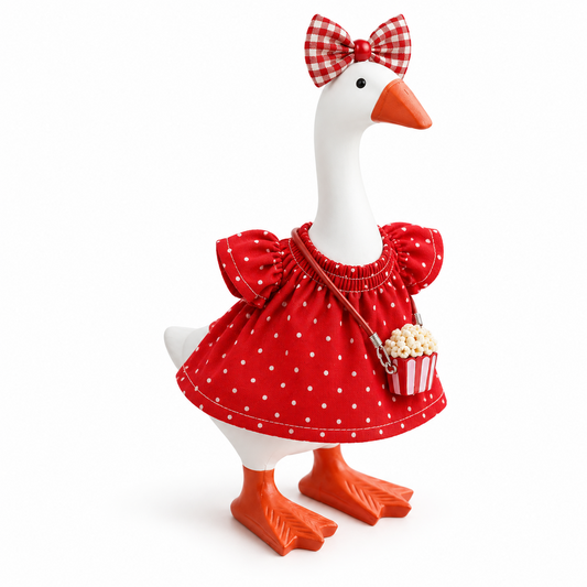 Red polka-dot dress, gingham bow and popcorn bag outfit on a 7-inch Little Honk Desk Goose