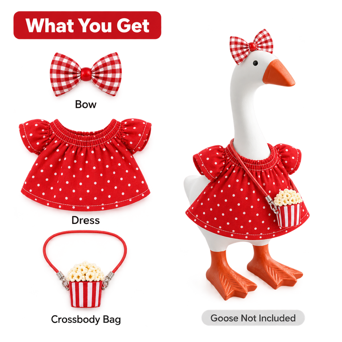 Red polka-dot dress, gingham bow and popcorn crossbody bag included in the Desk Goose outfit set