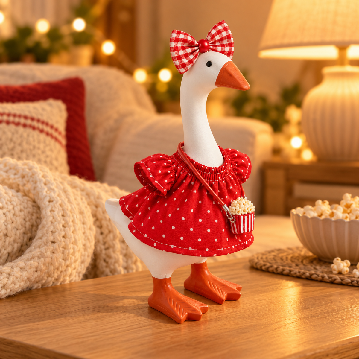 Little Honk Desk Goose wearing a red polka-dot movie night outfit in a cozy room