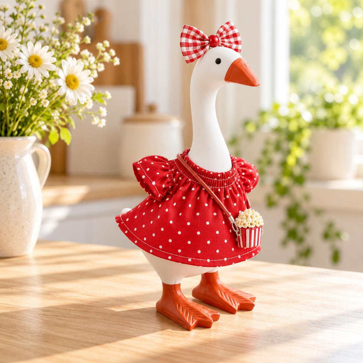 Little Honk Desk Goose wearing a red polka-dot dress and popcorn bag in a bright kitchen