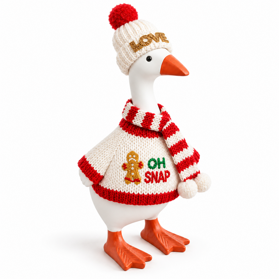 Red and cream Christmas knit sweater, beanie and scarf outfit on a 7-inch Little Honk Desk Goose