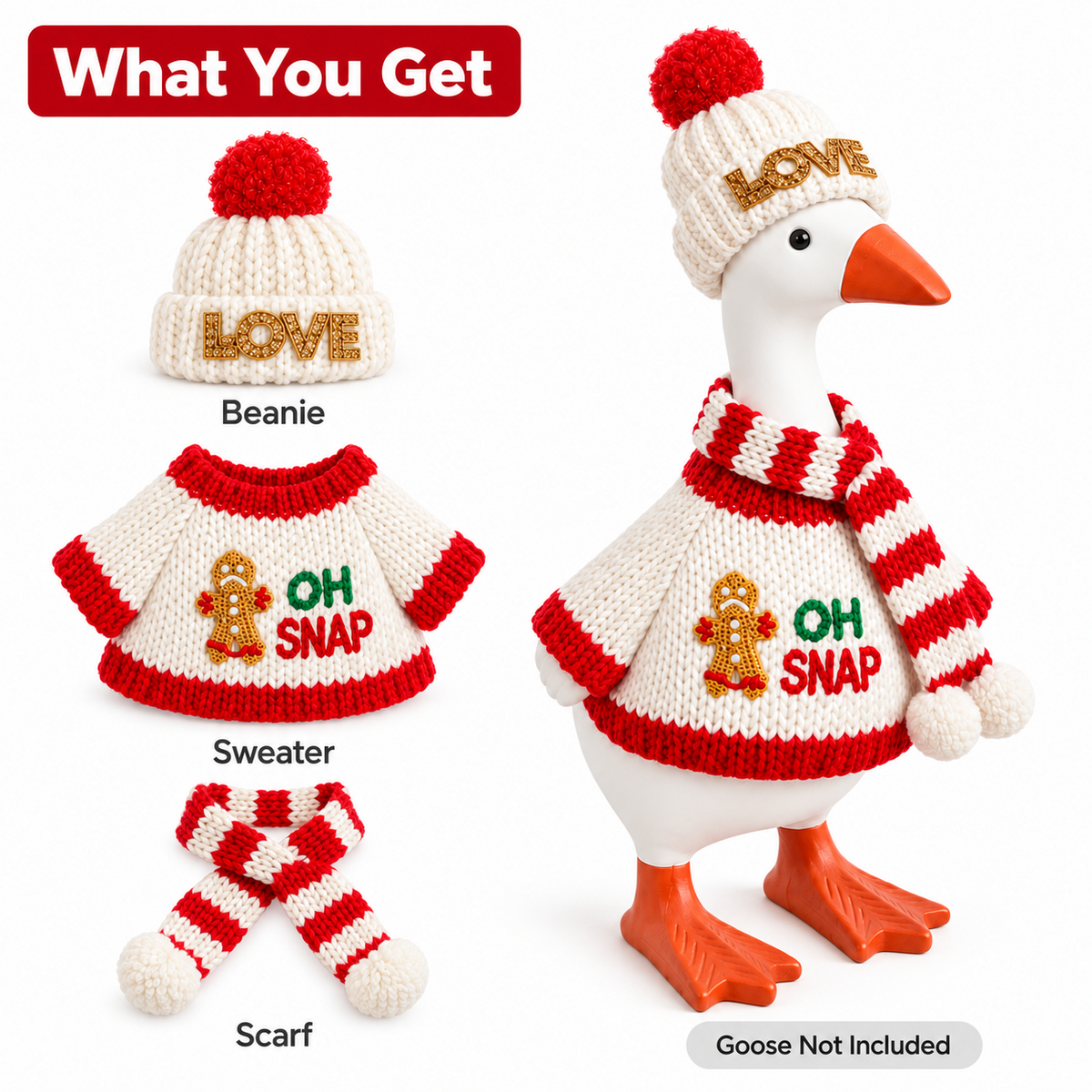 LOVE pom-pom beanie, OH SNAP gingerbread sweater and striped scarf included in the Desk Goose outfit