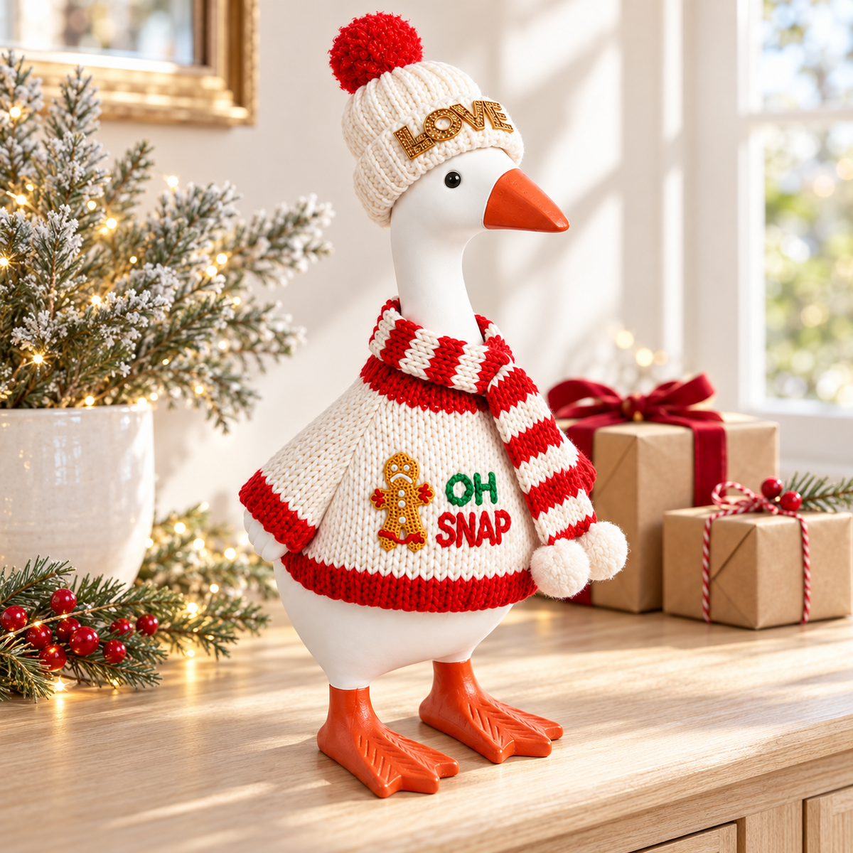 Little Honk Desk Goose wearing the OH SNAP Christmas knit outfit beside gifts and a frosted tree