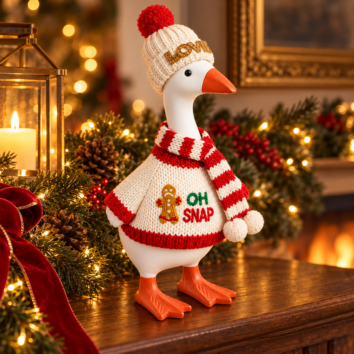 Little Honk desk goose in a Christmas knit sweater by a warm fireplace
