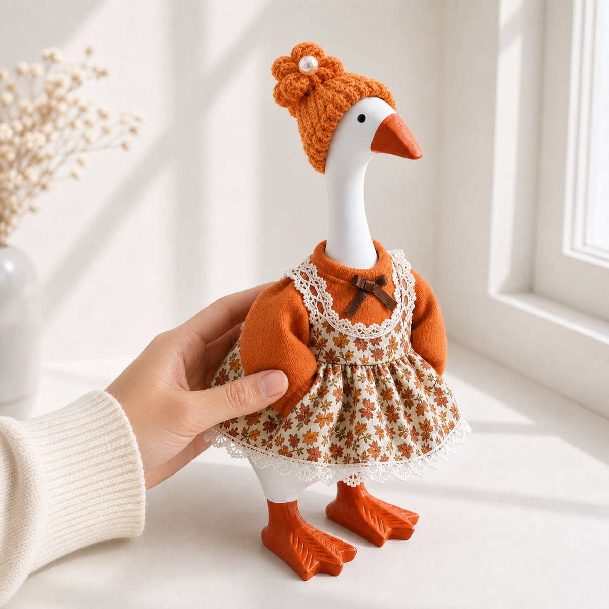 Back view of orange floral lace dress for 7-inch desk goose