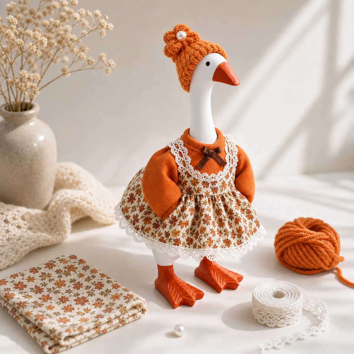 Orange knit flower hat detail with faux pearl accent
