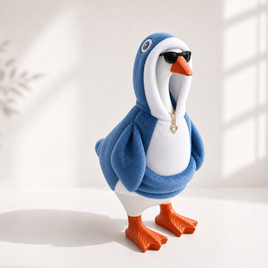 Blue-and-white penguin hoodie outfit with black glasses and gold heart charm displayed on a 7-inch desk goose