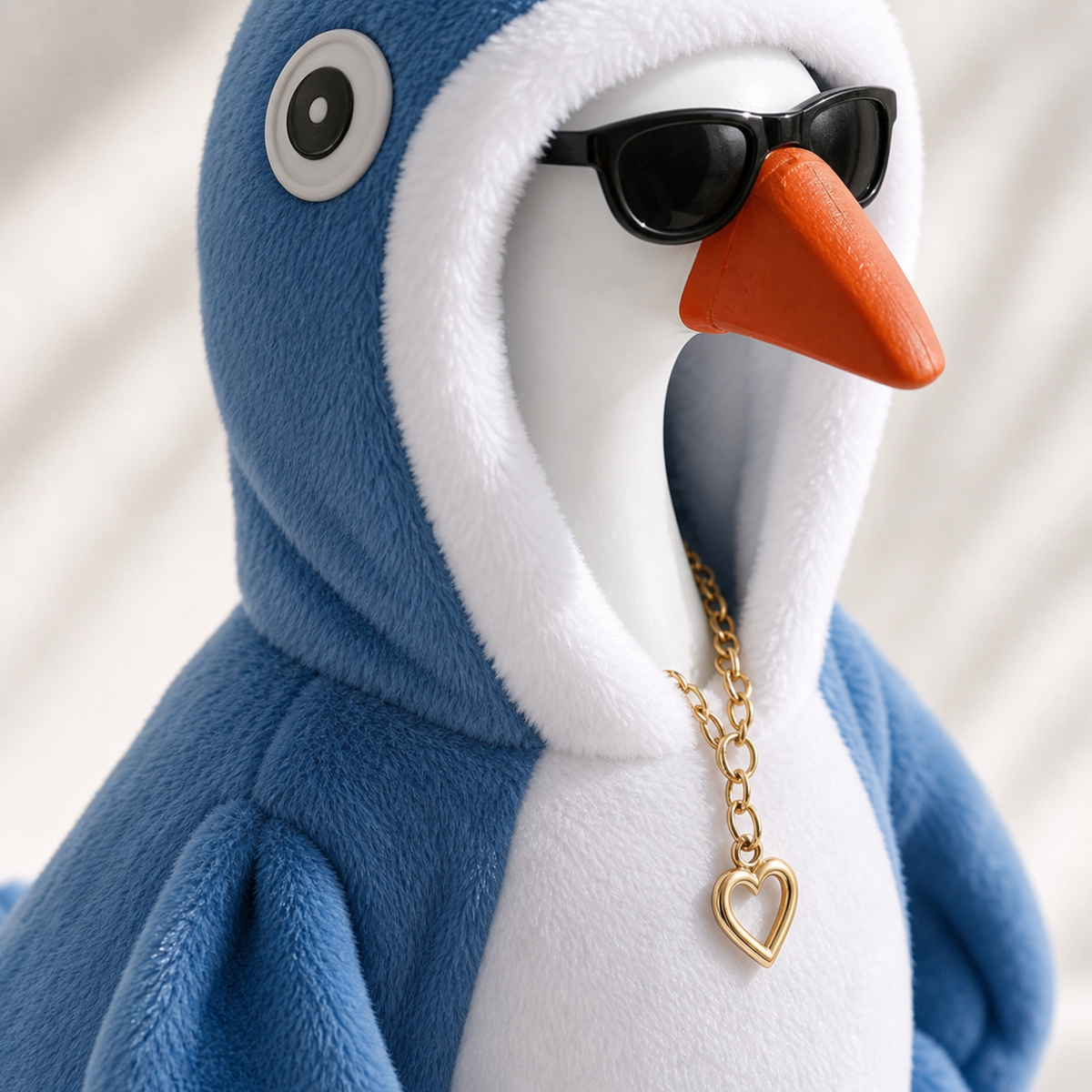Close-up of blue penguin hoodie, black glasses and gold heart charm for a 7-inch desk goose