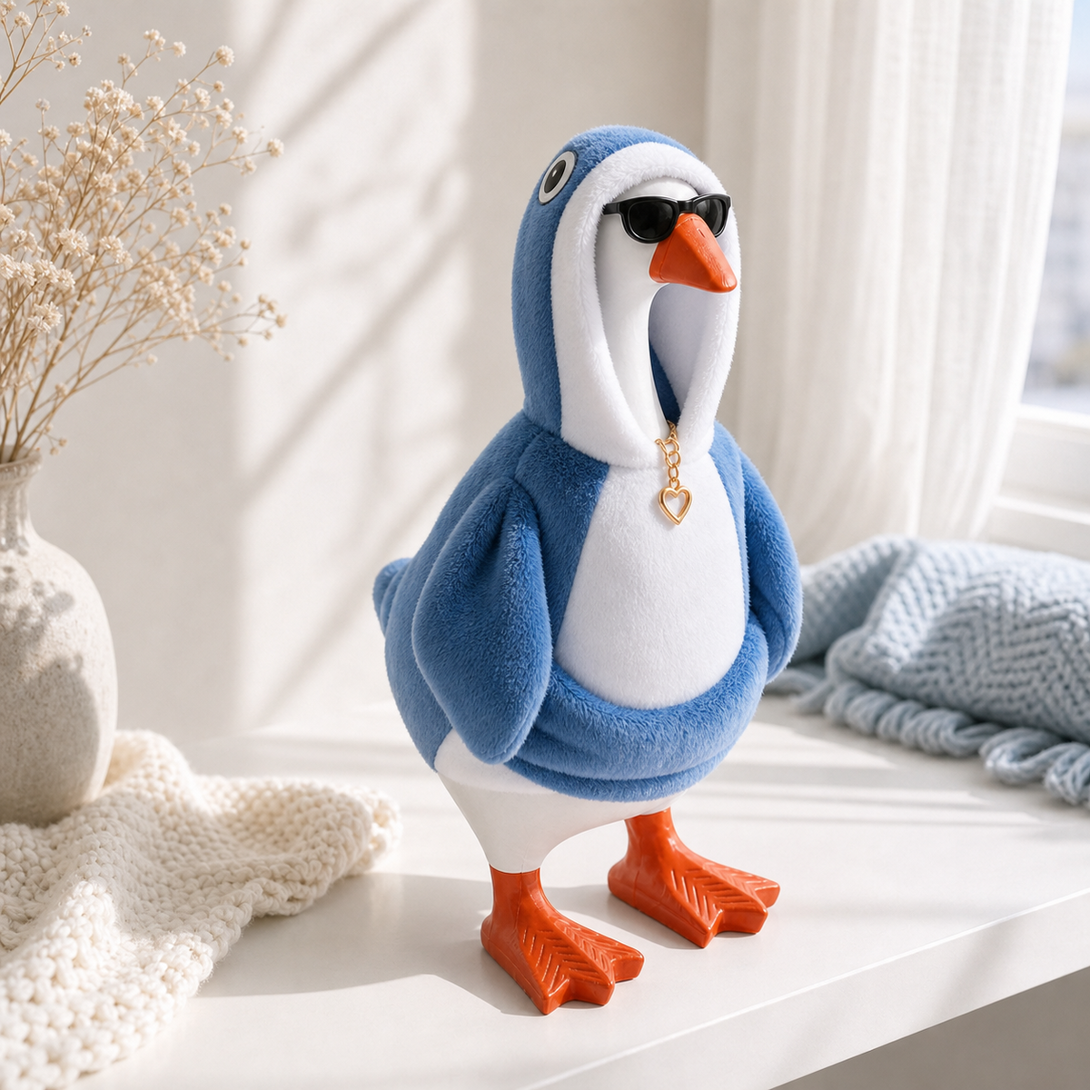 Penguin hoodie outfit set displayed in a bright home setting