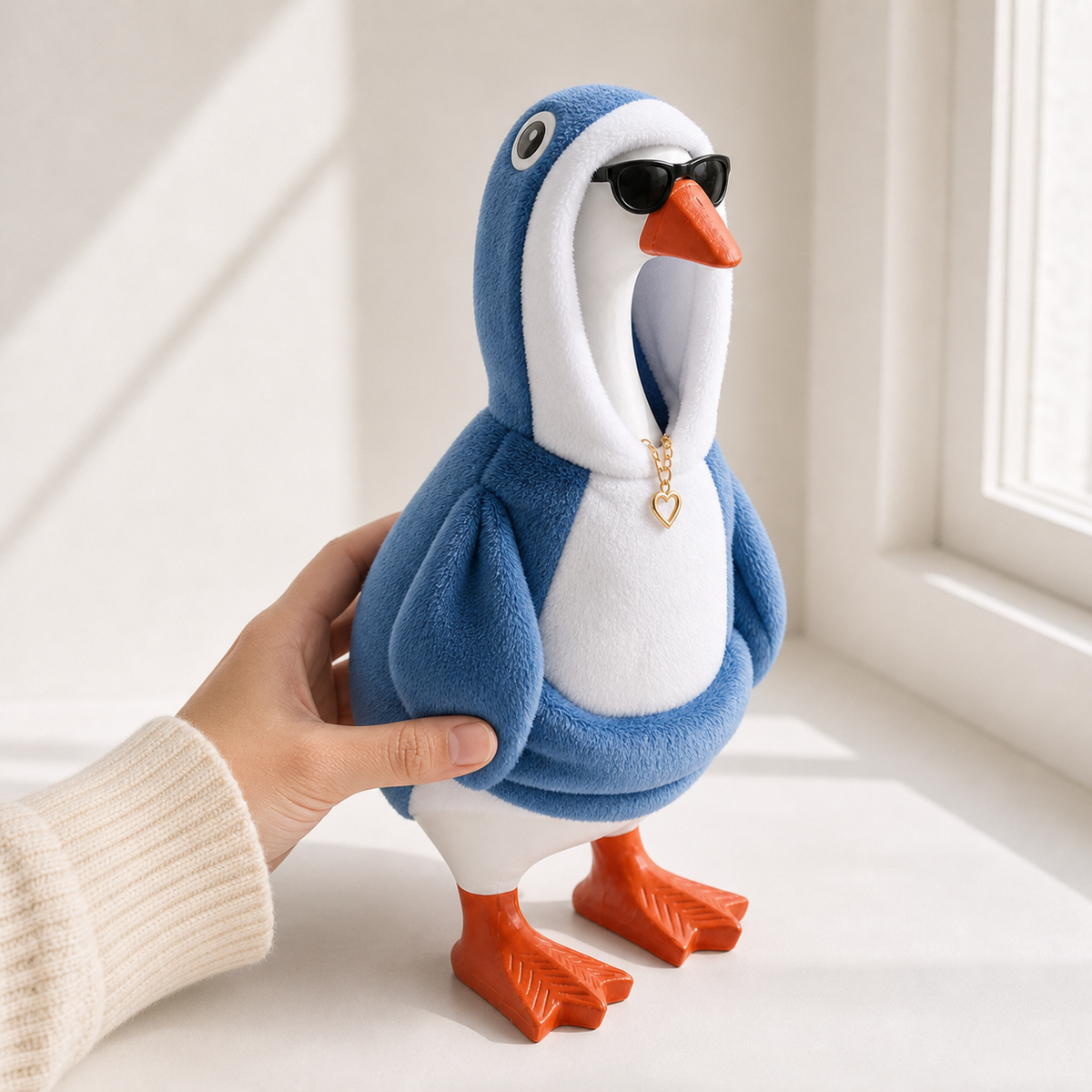 Hand showing the scale of the penguin hoodie outfit on a 7-inch desk goose
