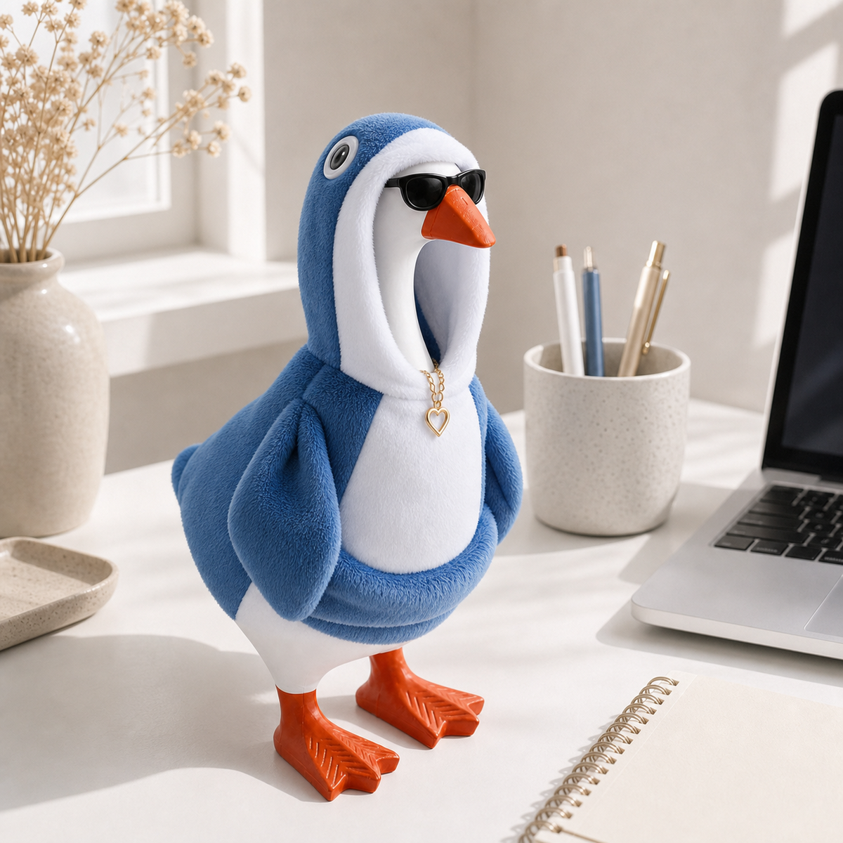Blue penguin hoodie outfit displayed on a desk beside a laptop